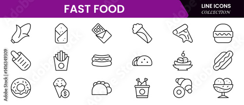 Fast food web icon set in line style. Pizza, chips, burger, French fries, hot dog, and cola. Vector illustration web line icon collection.