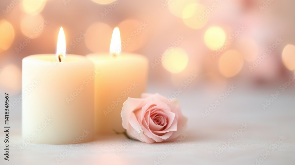Soft pink rose lies beside two lit candles, casting a warm glow, creating a tranquil and romantic ambiance perfect for relaxation Soft pink rose lies beside two lit candles, casting a warm glow, creating a tranquil and romantic ambiance perfect for relaxation