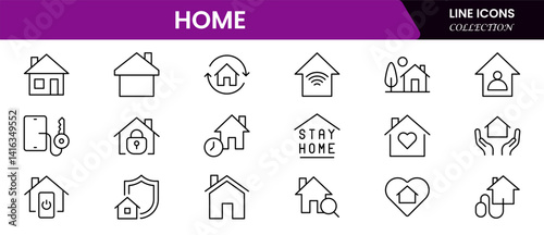 House or Real estate icon set. It contains the house, key, buy, sell, loan, smart home, building, mortgage, address, renovation, land, kitchen, bedroom, living room, and bathroom. vector collection