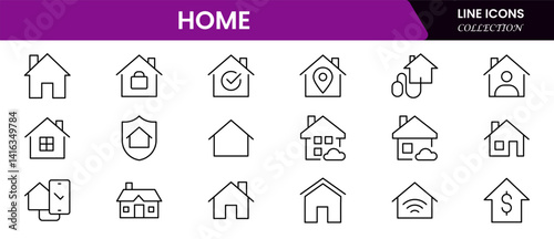 House or Real estate icon set. It contains the house, key, buy, sell, loan, smart home, building, mortgage, address, renovation, land, kitchen, bedroom, living room, and bathroom. vector collection