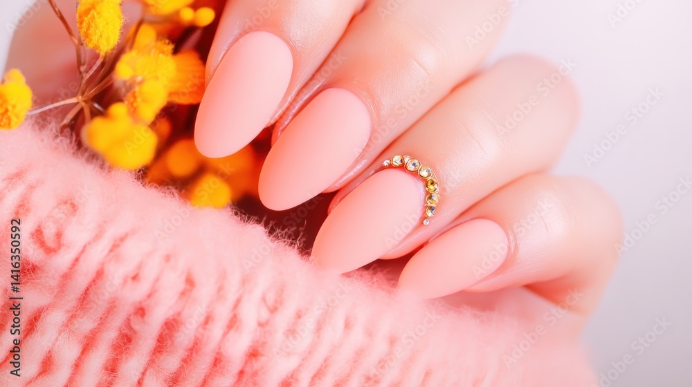A hand showcases a pastel pink manicure with stylish nail art, surrounded by delicate yellow flowers and a cozy pink sweater A hand showcases a pastel pink manicure with stylish nail art, surrounded by delicate yellow flowers and a cozy pink sweater