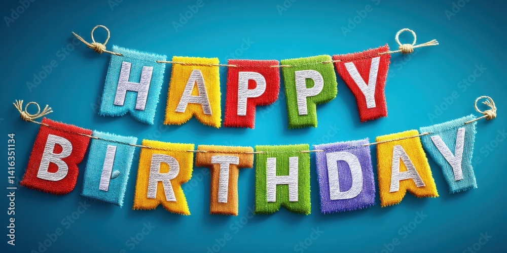 Colorful happy birthday banner with individual letters hanging on string against white background. Colorful happy birthday banner with individual letters hanging on string against white background.