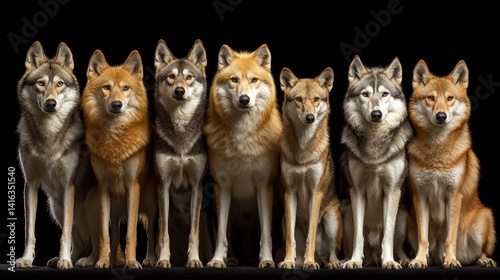 Magnificent pack display showcasing a diverse collection of wolves with varied fur colors against a sleek black backdrop with wild charm