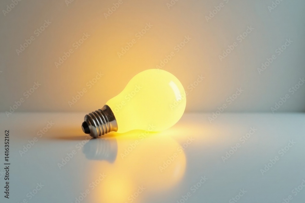 Softly glowing yellow light bulb on white surface with slight shadows, interior illumination, lighting Softly glowing yellow light bulb on white surface with slight shadows, interior illumination, lighting