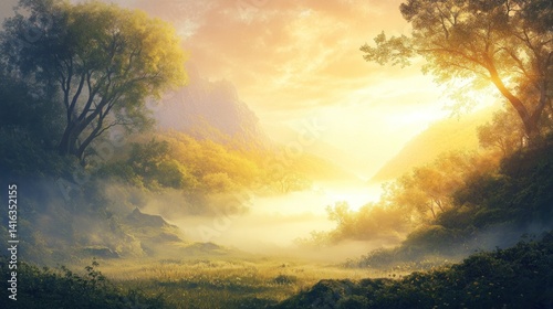 Misty valley bathed in golden sunrise light, serene forest landscape. photo