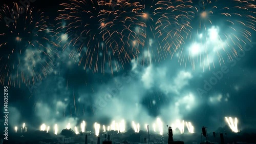 Fireworks celebration 4k video clip.Amazing fireworks footage 4k resolution,background golden shining fireworks with bokeh lights in the night sky. glowing fireworks show. New year's eve fireworks 