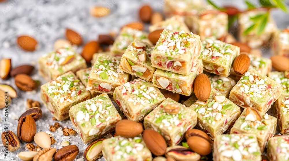Turkish delight (lokum) with pistachios, almonds and nuts Turkish delight (lokum) with pistachios, almonds and nuts