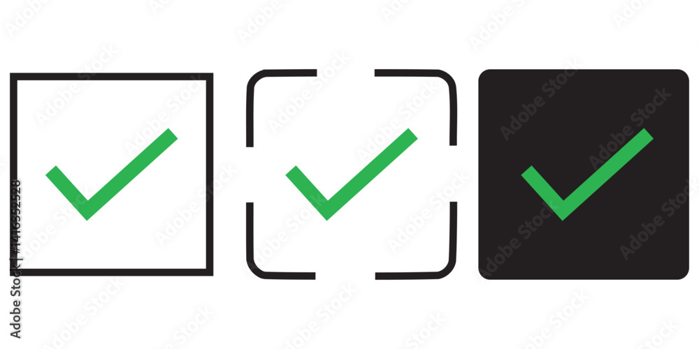 Green Tick Mark Icon. Check mark icon button set. Check box icon with right and wrong buttons and yes or no checkmark icons in green tick box and red cross. Isolated checkmark symbol. Green Tick Mark Icon. Check mark icon button set. Check box icon with right and wrong buttons and yes or no checkmark icons in green tick box and red cross. Isolated checkmark symbol.