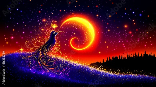 A captivating digital artwork depicting a fiery moonset over a shimmering wave, creating a magical and dreamlike atmosphere under a starry sky canvas