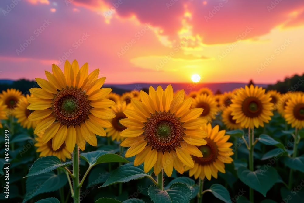 Obraz premium Vibrant sunflowers at sunset with purple sky in summer, sun, nature