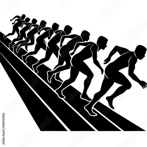 Line art vector silhouette of multiple runners lined up on a track
