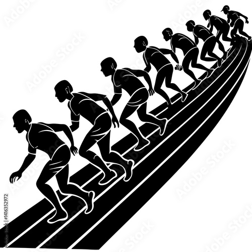 Line art vector silhouette of multiple runners lined up on a track
