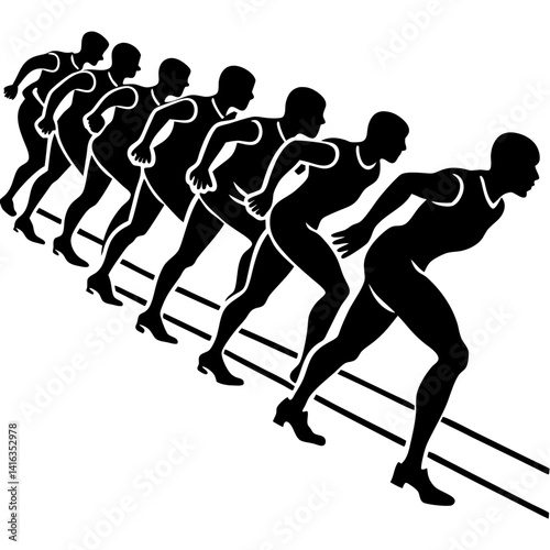 Line art vector silhouette of multiple runners lined up on a track