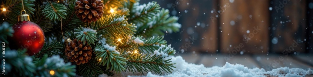 Sparkling snowflakes adorn a wooden Christmas tree branch with ornaments and pinecones, Winter Wonderland, Wooden Decoration Sparkling snowflakes adorn a wooden Christmas tree branch with ornaments and pinecones, Winter Wonderland, Wooden Decoration