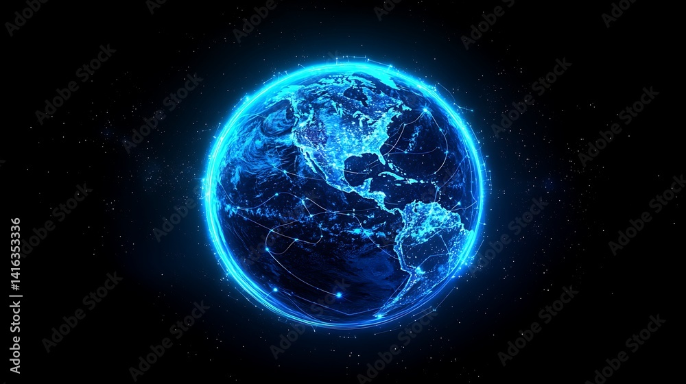 Fototapeta premium Digital Earth with Blue Glow and Global Connectivity