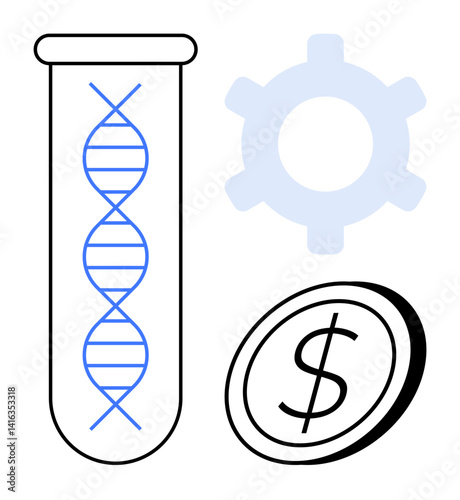 DNA strand inside test tube, gear symbolizing innovation, currency signifying finance. Ideal for science, research, genetics, biotech, innovation entrepreneurship healthcare. Flat simple metaphor
