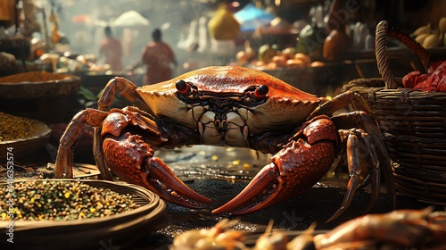 Large Crab in Market Display Featuring Spices and Seafood Items