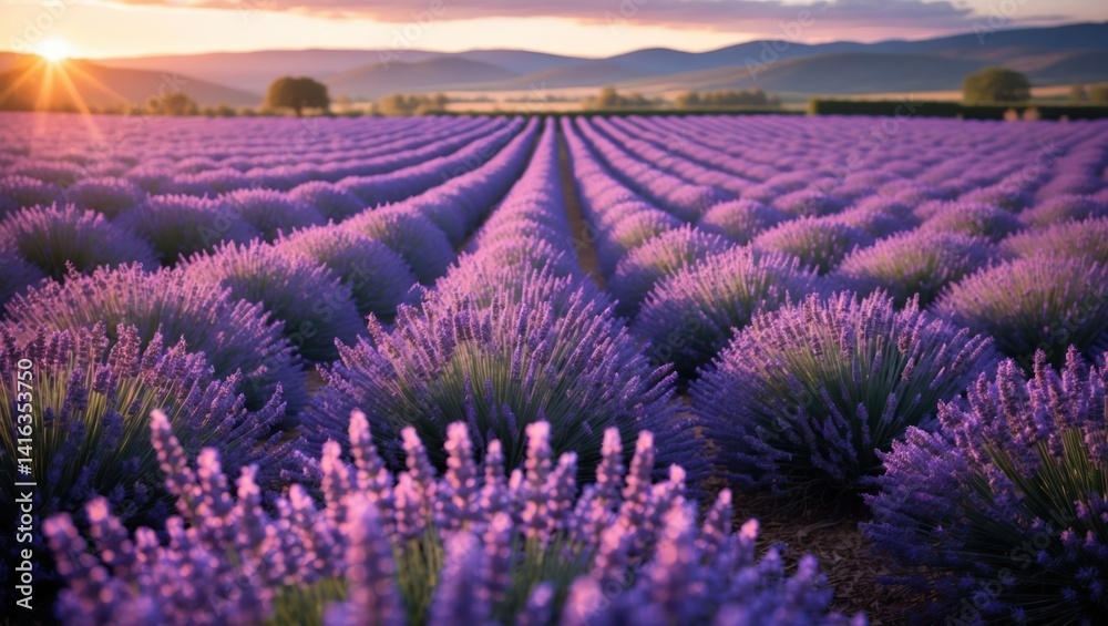Obraz premium Blooming Lavender Field at Sunset with Soft Light and Mountains