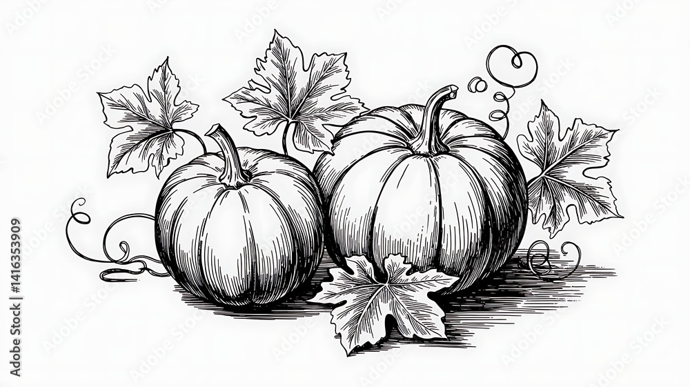 custom made wallpaper toronto digitalAntique Pumpkins with Leaves Line Art for Fall Harvest Designs, Thanksgiving and Halloween Projects