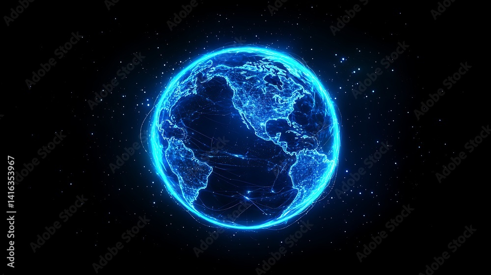 Fototapeta premium Digital Earth with Blue Glow and Global Connectivity