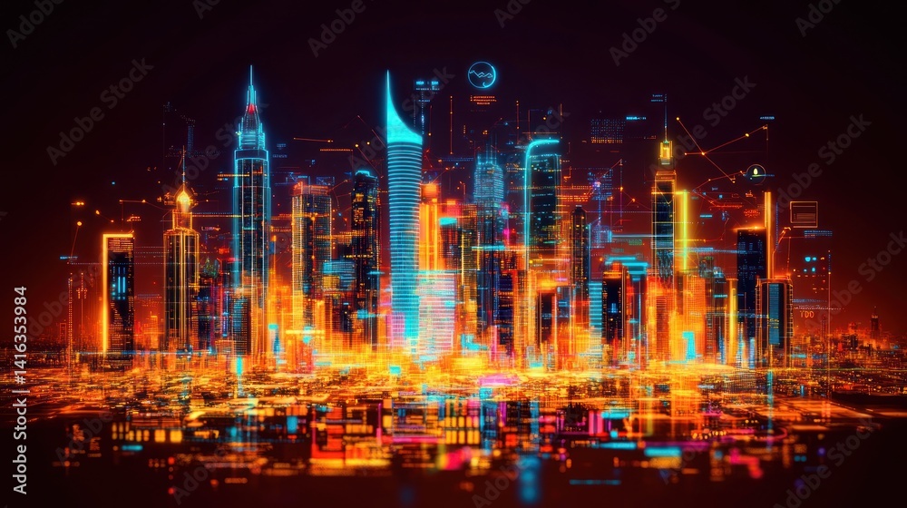 Obraz premium Neon Cityscape: A Futuristic Metropolis at Night