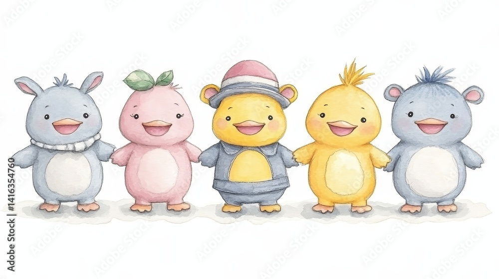 Naklejka premium Whimsical watercolor illustration of five adorable cartoon characters holding hands conveying friendship unity and joyful companionship for children's books and educational resources