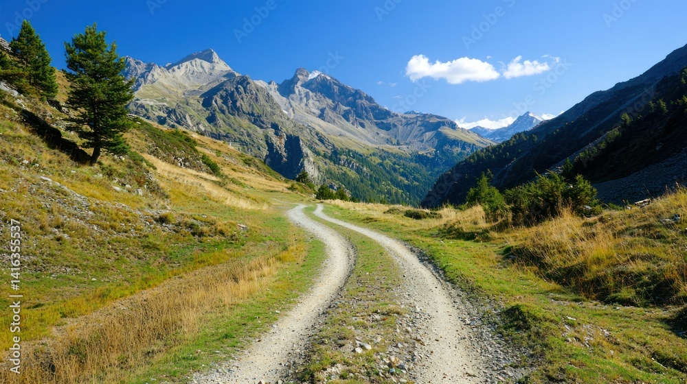 Fototapeta premium A mountain road with a fork, leading to different scenic viewpoints under a clear sky.