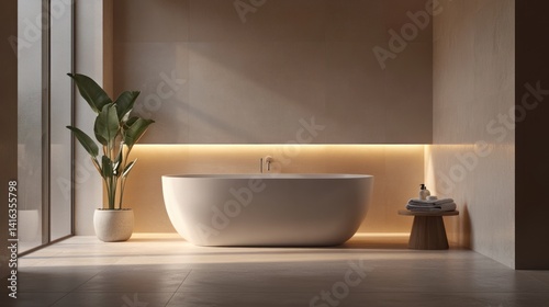 Modern bathroom with minimalist design, featuring a freestanding bathtub, natural light, and a tropical plant.