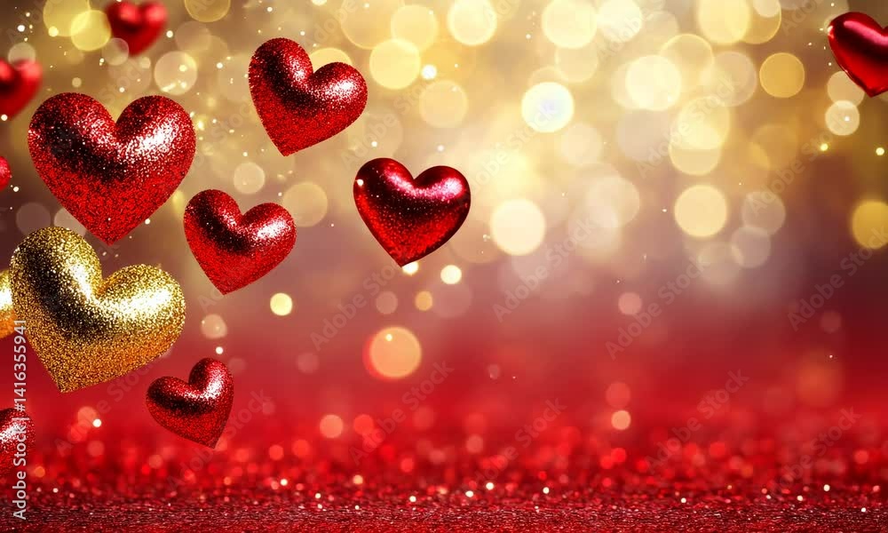 A beautiful bokeh golden background with red hearts representing love in honor of Saint Valentine's Day. Golden bokeh in the shape of hearts on a red background