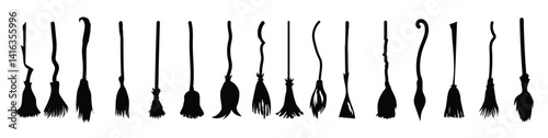 Set of different witch brooms isolated on white background. Halloween decorative elements. Vector illustration for any design.