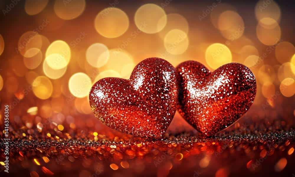 A beautiful bokeh golden background with red hearts representing love in honor of Saint Valentine's Day. Golden bokeh in the shape of hearts on a red background