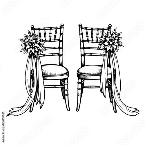 Wedding chairs decorated with ribbons and flowers in vintage style  