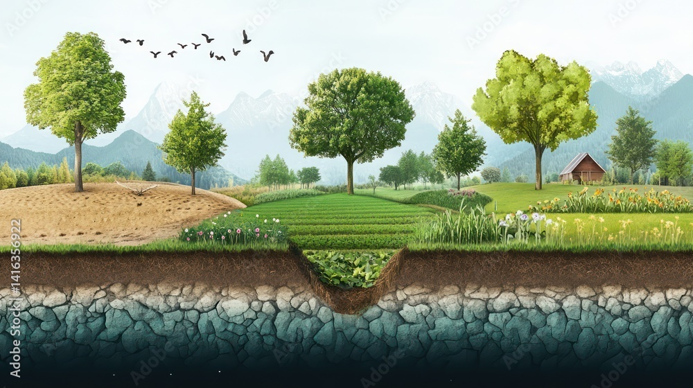 Fototapeta premium A diagram showing the relationship between agro forestry, soil health, biodiversity, and carbon sequestration in agricultural systems