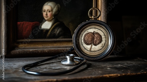 Antique Pocket Watch Brain Anatomy Stethoscope Still Life