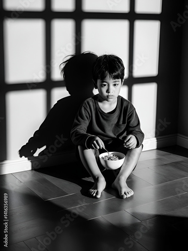 A solitary child sitting on a bare floor holding a bowl of meager food illuminated by dramatic lighting that casts shadows