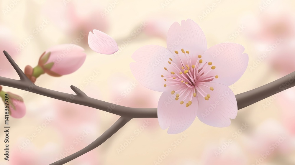 Delicate Cherry Blossom Petal Falling from Single Flower on Branch in Soft Background
