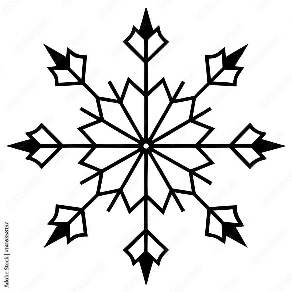 Obraz premium Vector silhouette of a simple snowflake with six symmetrical arms, clean and sharp lines