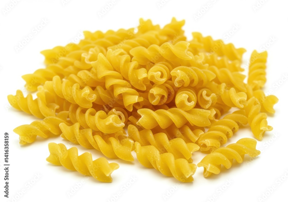 A pile of uncooked yellow fusilli pasta on a white surface ready to be cooked for a delicious meal A pile of uncooked yellow fusilli pasta on a white surface ready to be cooked for a delicious meal