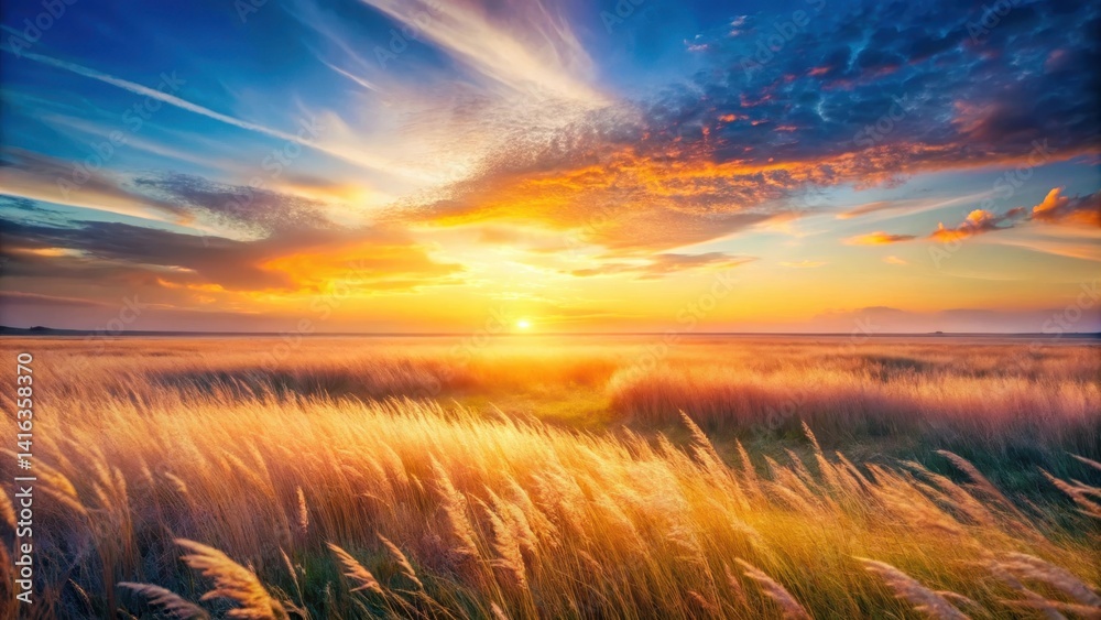 Fototapeta premium Golden Hour Serenity A Vibrant Sunset Over a Field of Tall Grass