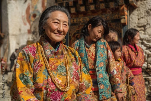 Bhutanese Woman and Family in Traditional Dress: Colorful Clothing, Street Photography, Asian Culture, Warm Tone