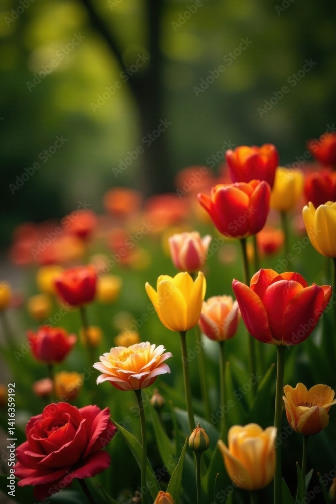 Fototapeta premium Vibrant blooms of tulips and roses amidst lush greenery, colorful, tulips