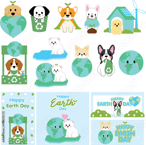 Earth Day, eco dog, cute animal, recycle pet, green earth, save planet, puppy love, globe dog, polar bear, dog cartoon, happy planet, eco friendly, dog character, clean energy, pet earth, 