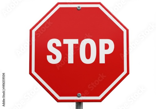 A red stop sign with white border and white stop text on a pole against a white background close up view