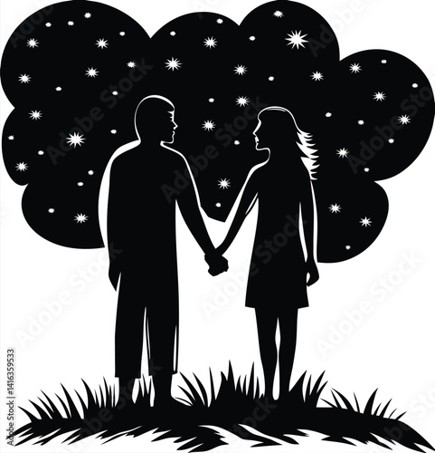 Silhouette Couple Holding Hands Under Starry Night Sky