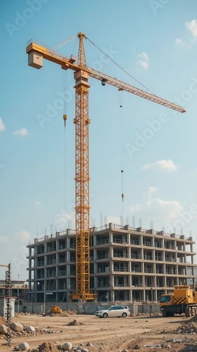 Tall yellow crane powerfully lifts against bright sunlight building a modern concrete structure. AI Generated