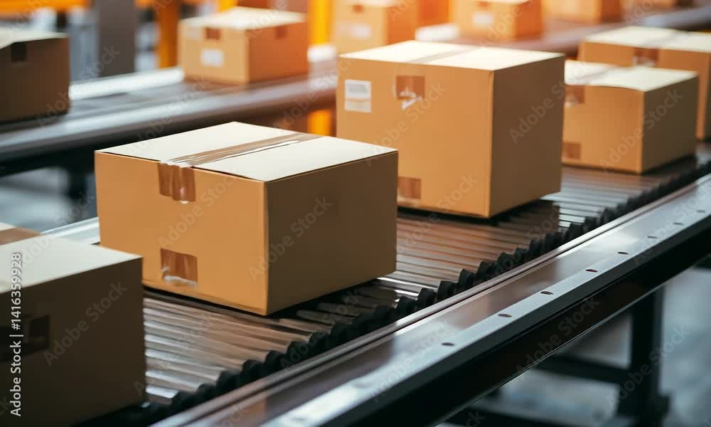 Packages moving along a conveyor belt in a busy warehouse during daylight Packages moving along a conveyor belt in a busy warehouse during daylight