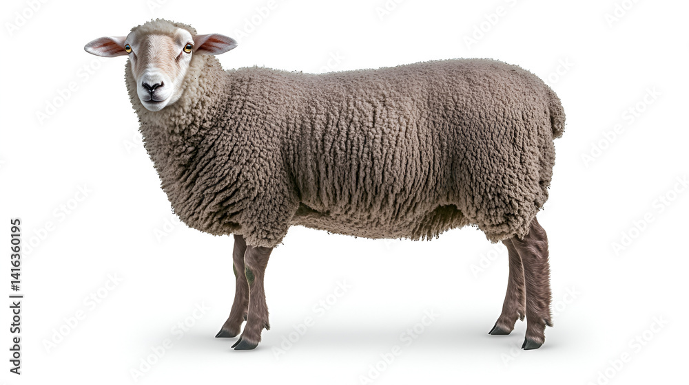 Fototapeta premium A horned sheep, a woolly mammal, stands on a clean white background