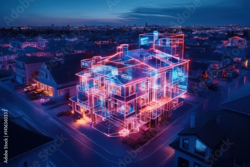 Smart Home Technology: Futuristic House Design in a Suburban Neighborhood at Night