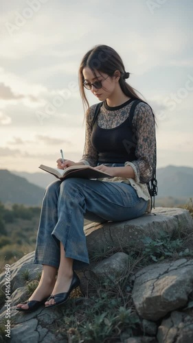 Woman thoughtfully writes in journal perched on mountain rock warm sunset light. AI Generated