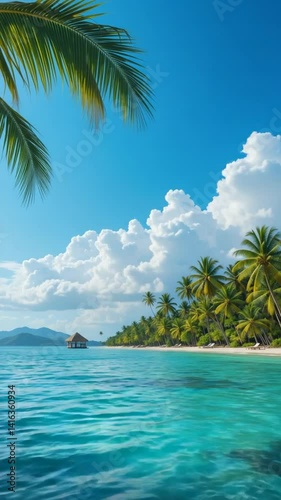 Vibrant turquoise water gently laps a pristine beach lined with swaying palm trees under a brilliantly sunny sky. AI Generated